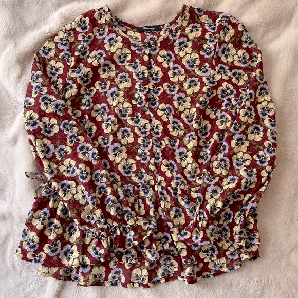 Madewell Viola Peplum Ruffle Blouse Top Pansy Floral Maroon Size S - Picture 5 of 12